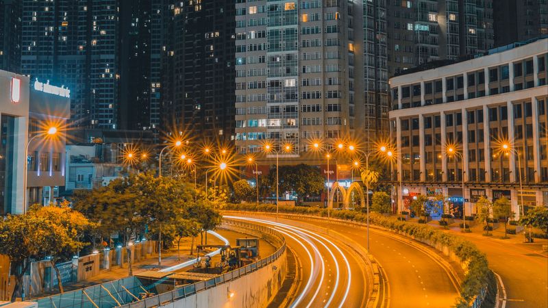 night city, road, long exposure, lights, 4k