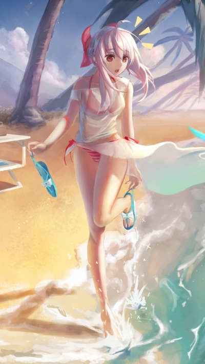 Anime Seraph of the End, Water, Beach, Bikini, Pink Hair, Red Eyes, 1080x1920