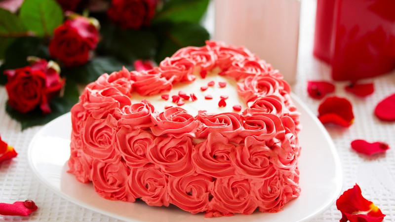 Cake, heart, roses, red, cream