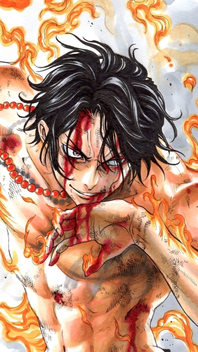 Anime One Piece, Portgas D. Ace, Tattoo, Black Hair, Blood, 1080x1920
