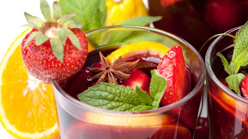 Sangria, vine, lemon, strawberry, orange, cinnamon, mint