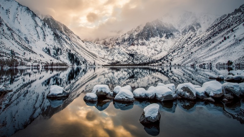 Convict Lake, 4k, Mount Morrison, California, Mountains, lake, river, sunset, ice, snow