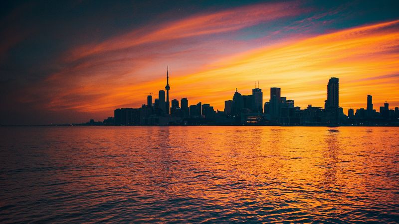 city, sunset, evening, water, 4k