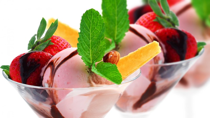 Ice cream, fruits, strawberry, chocolate