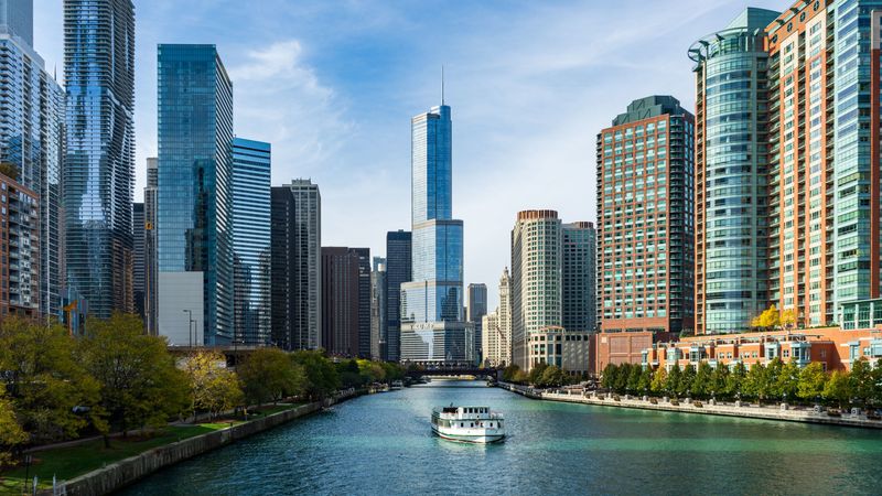 city, river, buildings, chicago, usa, 4k