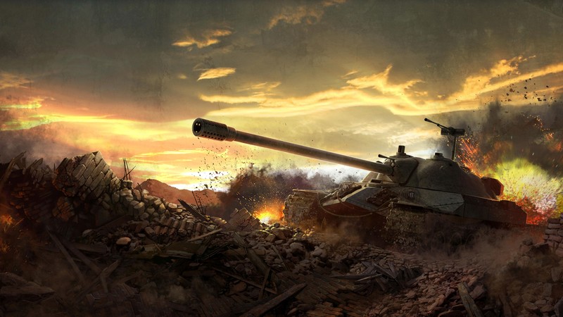 World of Tanks, game, tank, IS-7, battlefield, sky, clouds, sunset, fire, art, screenshot, 4k, 4K, PC