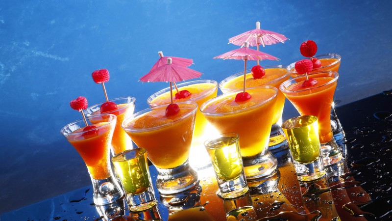 cocktails, shots, ice, smoothies, raspberry, decoration