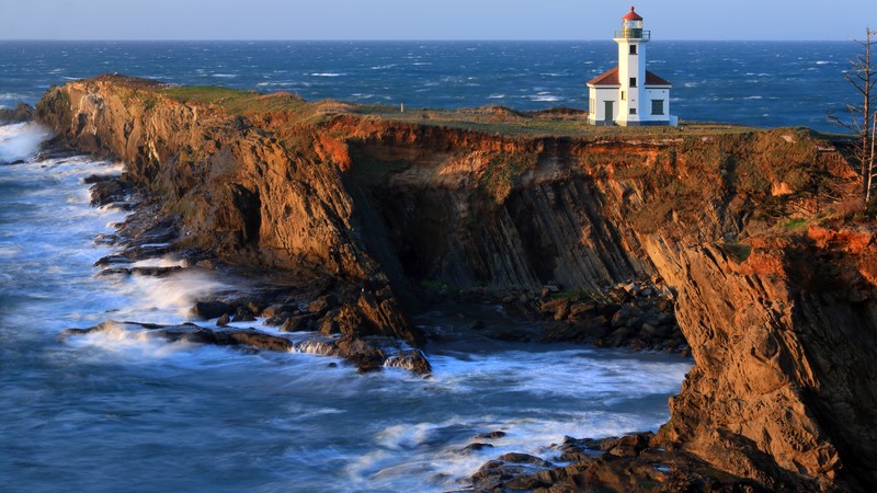 Charleston, 4k, Gregory Point, Oregon, Lighthouse, sea, ocean, water, blue, rock, sun