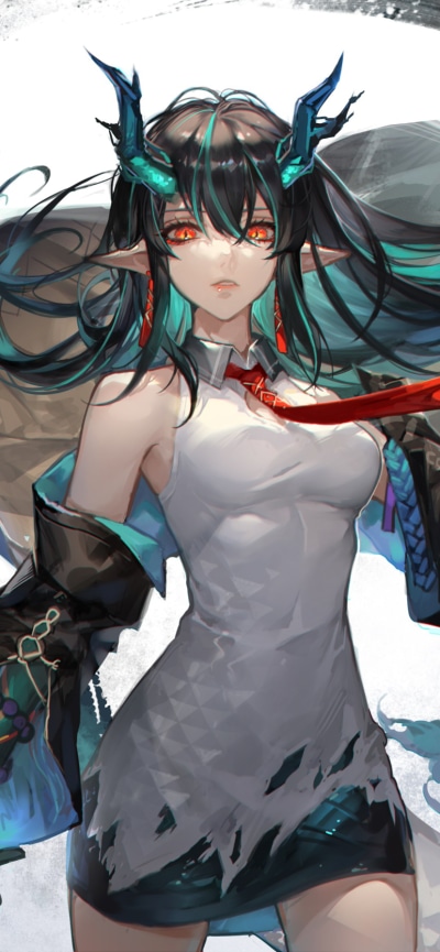 Video Game Arknights, Dusk (Arknights), Red Eyes, Black Hair, Pointed Ears, 828x1792