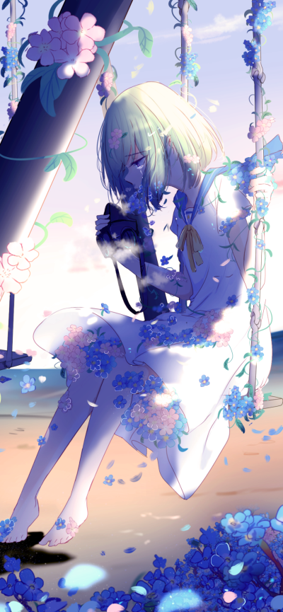 Anime Girl, Swing, Short Hair, Sad, Flower, School Uniform, 828x1792