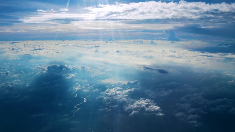 Clouds, 4k, sky, blue, river, sun, rays