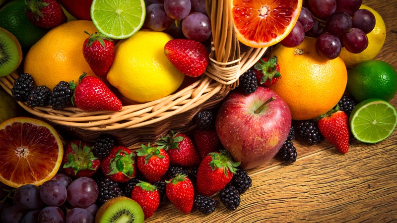 basket fruit, lemon, lime, apple, grapes, strawberries, blackberries, kiwi, grapefruit,