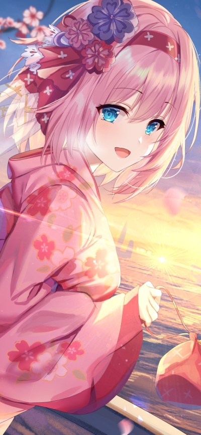 Anime Princess Connect! Re:Dive, Short Hair, Kimono, Pink Hair, Aqua Eyes, Japanese Clothes, 828x1792