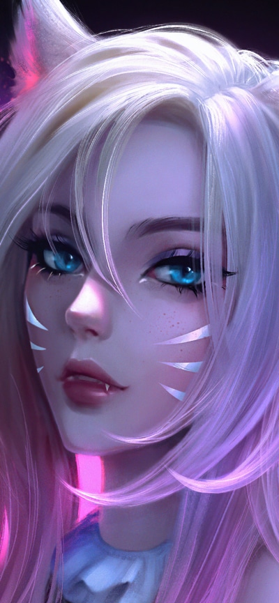 Video Game League Of Legends, Ahri (League Of Legends), Blue Eyes, Blonde, Animal Ears, Face, 828x1792