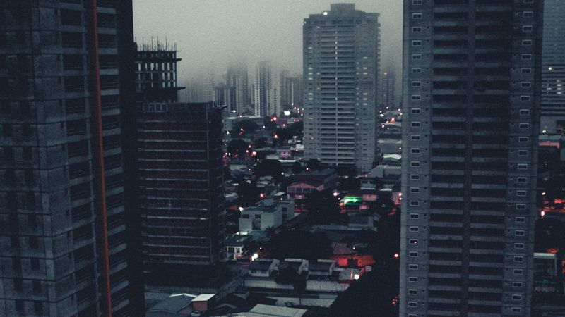 city, buildings, aerial view, fog, 4k