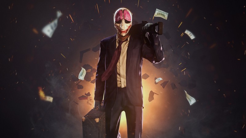 Payday 2, game, shooter, stealth, FPS, Houston, clown, suit, rifle, money, robbery, bank