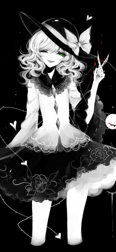 Anime Touhou, Koishi Komeiji, Monochrome, 828x1792
