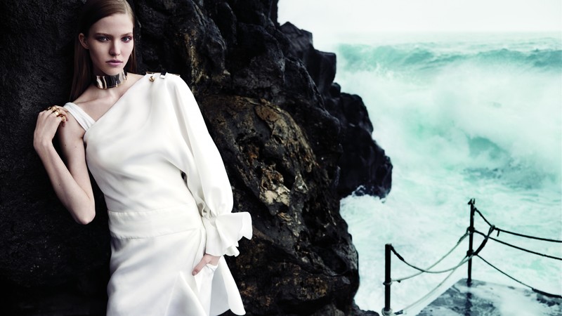 Sasha Luss, Top Fashion Models 2015, model, beach, white dress, sea, ocean,