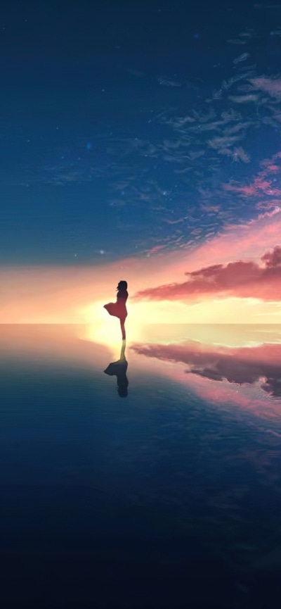 Anime Sunset, Horizon, Cloud, Reflection, 828x1792