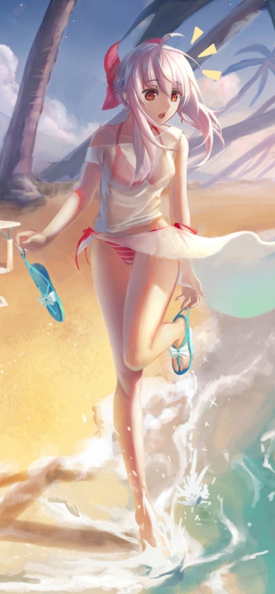 Anime Seraph of the End, Water, Pink Hair, Beach, Red Eyes, Bikini, 828x1792