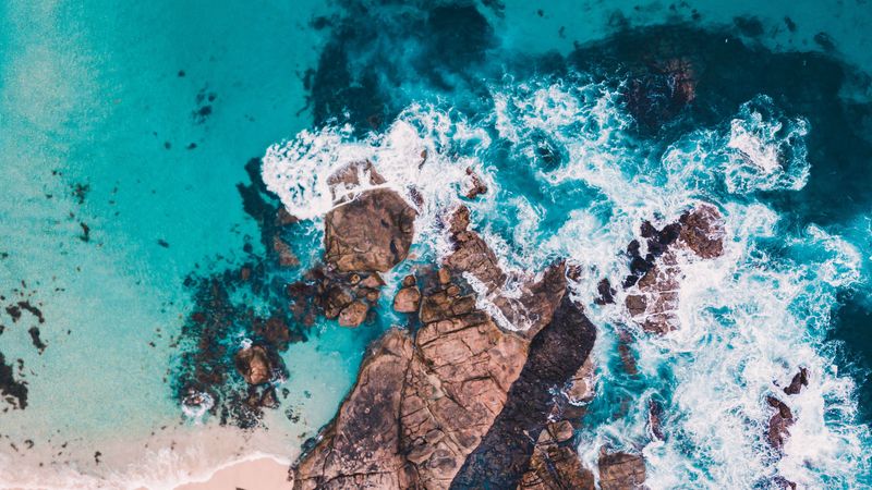 sea, rocks, aerial view, shore, 4k