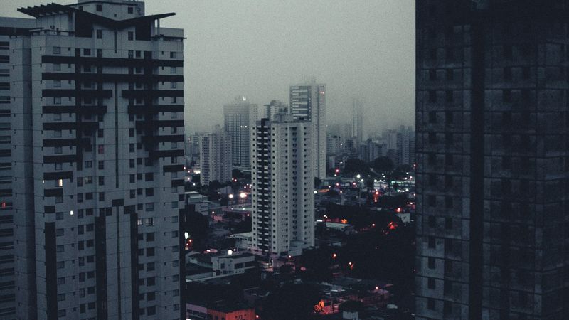 city, buildings, aerial view, fog, dusk, 4k