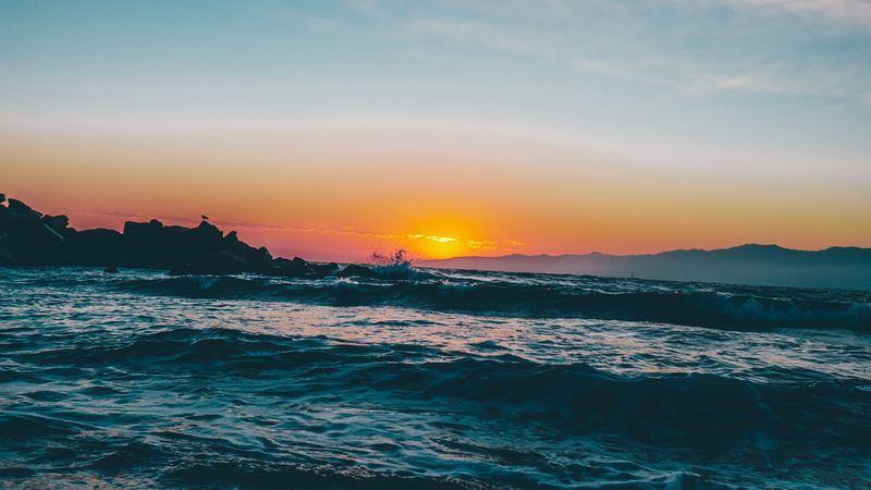 sea, waves, sunset, beach, dusk, 4k