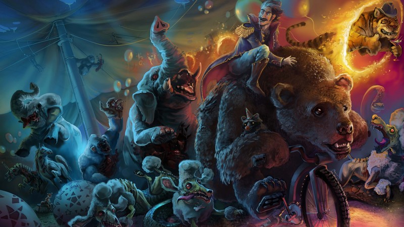 Zombie Art, Animals, bear, creature, Dark, fantasy, funny, humor, Magical, monster, circus, fire ring, tiger, elephant, art, illustration