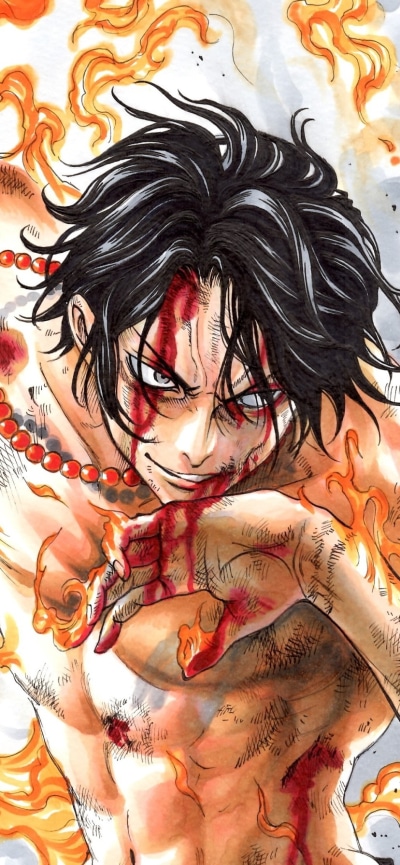 Anime One Piece, Black Hair, Portgas D. Ace, Blood, Flame, Tattoo, 828x1792