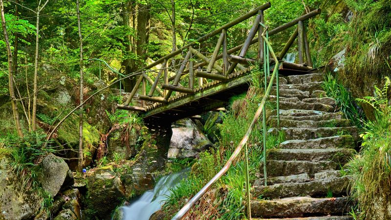 waterfall, steps, bridge, stairs, stones, 4k
