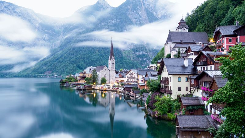lake, mountains, village, hallstatt, austria, 4k