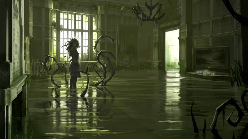 Dishonored, game, stealth, gameplay, screenshot, fan art, Chloe Moretz, water, monster, creepy