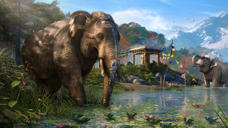 Far Cry 4, game, open world, Adventure games, shooter, Kyrat, elephant, Himalayas, Tibet, lake, screenshot