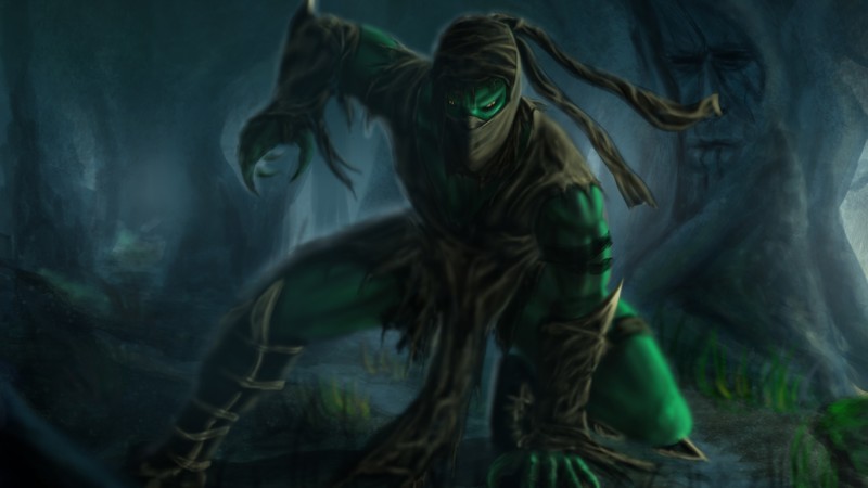 Mortal Kombat, game, fighting, Reptile, fan art, forest, Ents, mist, swamp, art
