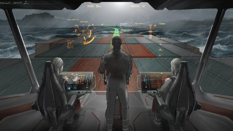 cargo ship envisioning, 2025, future, illustration, bridge, containers