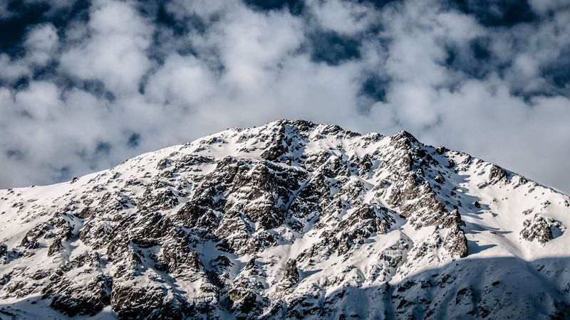 mountain, peak, snow, clouds, 4k