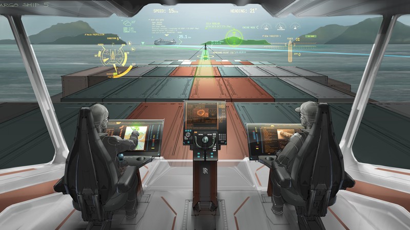 cargo ship envisioning, 2025, future, illustration, bridge, containers