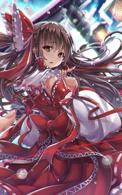 Anime Touhou, Red Eyes, Brown Hair, Reimu Hakurei, Long Hair, Red Dress, 800x1280