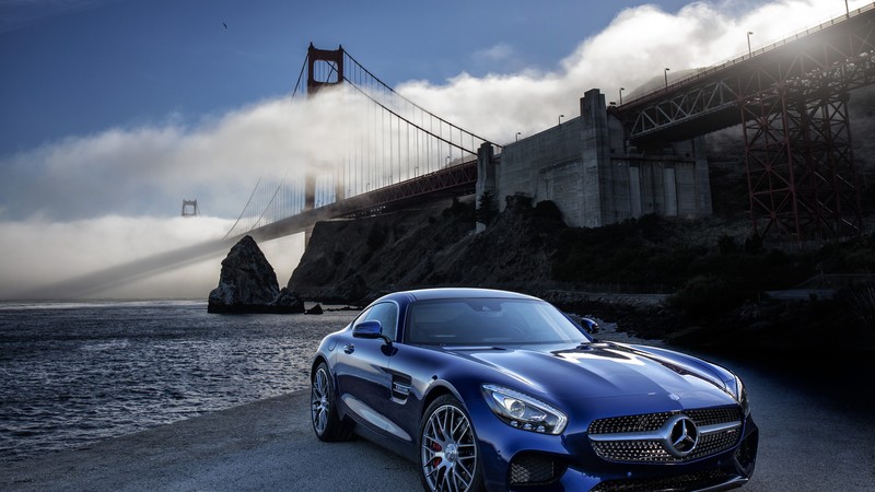 Mercedes-AMG GT S, supercar, Mercedes, Brooklyn Bridge, luxury cars, sports car, front, 2015 Detroit Auto Show. NAIAS