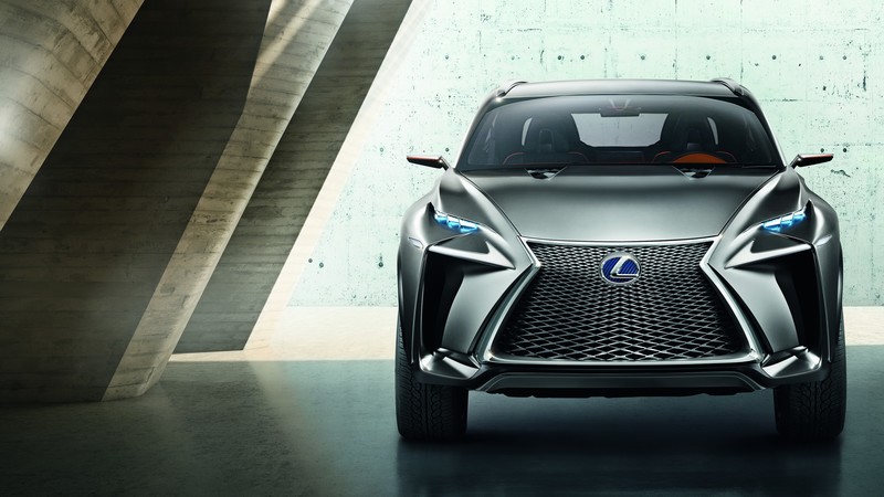 Lexus LF-NX, hybrid, concept, Lexus, turbo, 3Q, crossover, front, silver, 2015 Detroit Auto Show. NAIAS