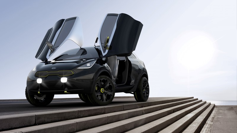 Kia Niro, concept, Kia, crossover, hybrid, ecosafe, black, mountain, doors, interior
