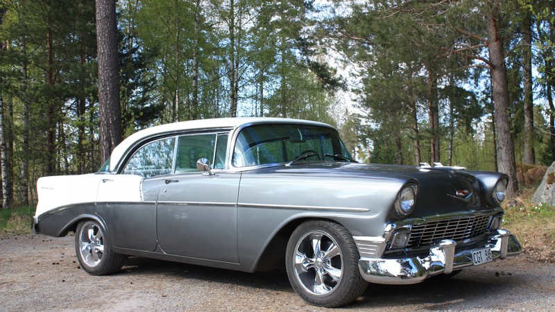 Chevrolet 210, Two-Ten, classic cars, Chevrolet, Chevy, 1956, sedan, blue, forest