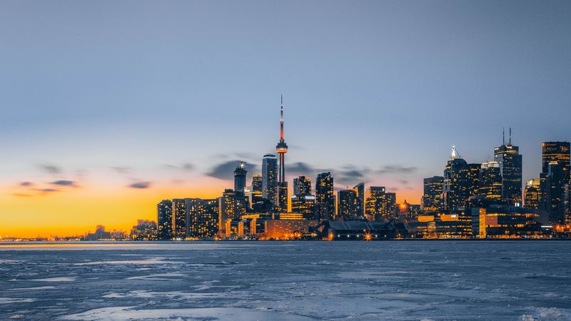 city, ice, sunset, lights, 4k