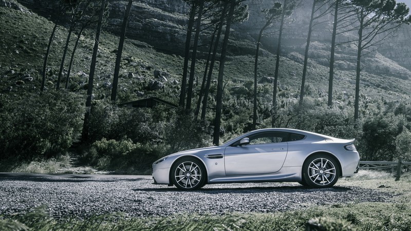 Aston Martin V8 Vantage, sports car, Aston Martin, luxury cars, Gran Turismo, Zagato, side, forest