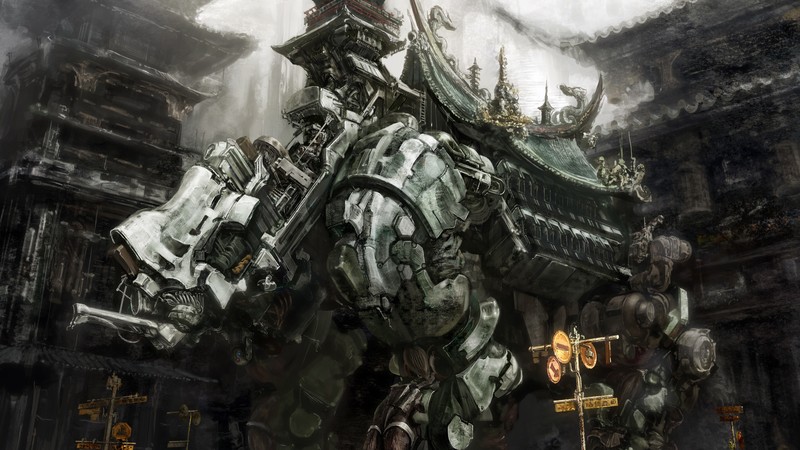 Futuristic mecha, grey, artwork, anime, art, city