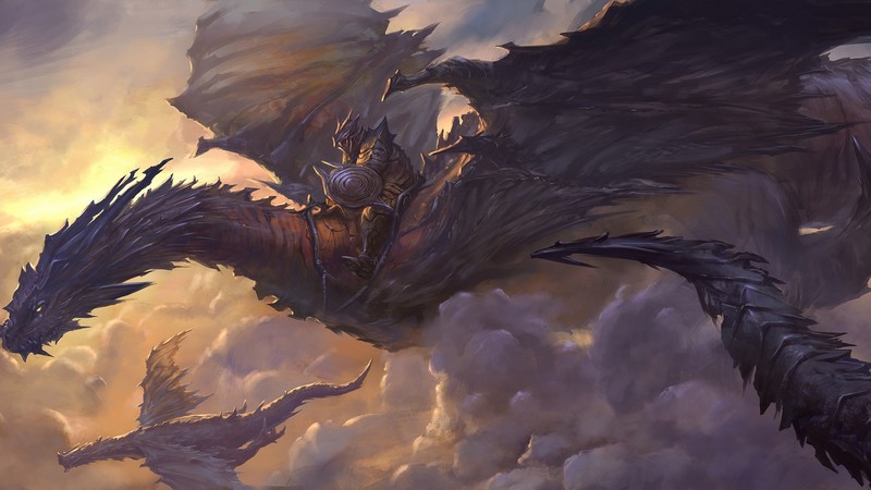 Dragon, sky, clouds, rider, armor, art, wings, black, fantasy