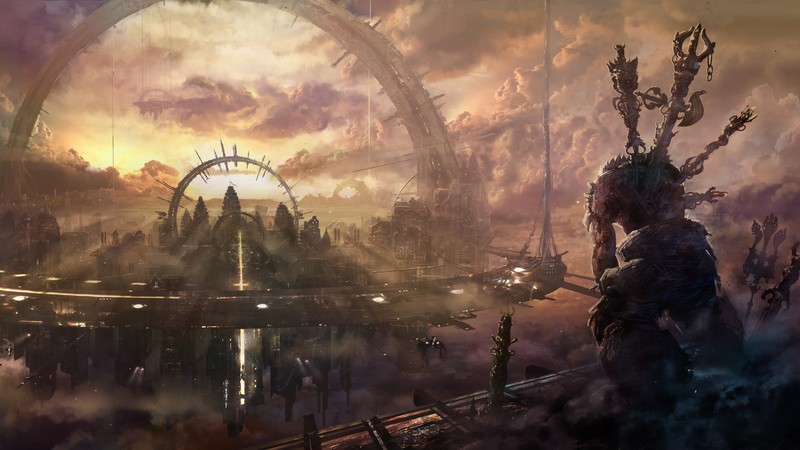 Heaven, city, arch, building, space station, monster, clouds, sky, sunset, fantasy, art, future, sci-fi