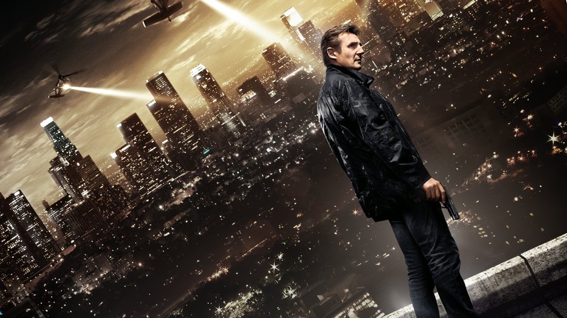 Taken 3, film, movie, roof, night city, helicopter, light, lights, gun, man, Liam Neeson, Famke Janssen