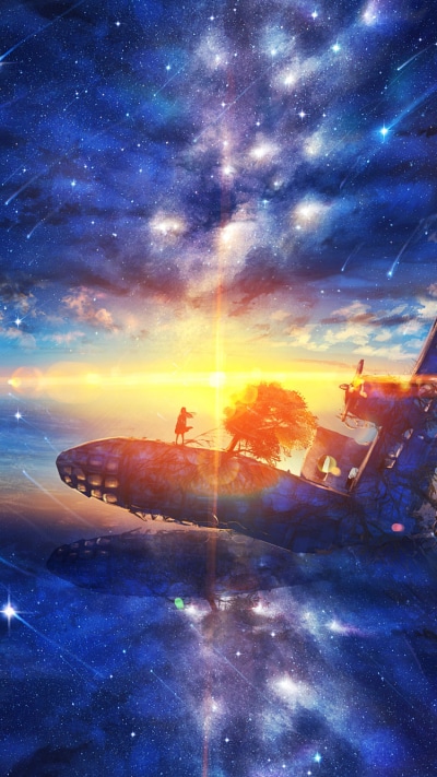 Anime Sunset, Airplane, Starry Sky, Stars, Shooting Star, 750x1334