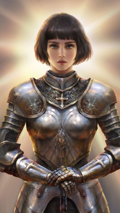 Fantasy Knight, Joan Of Arc, Armor, Brown Hair, Woman Warrior, Short Hair, 750x1334
